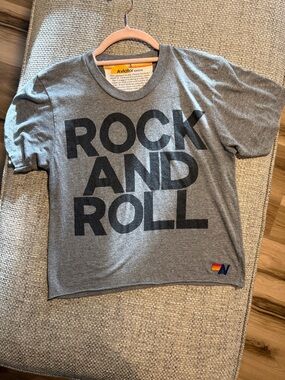 Aviator Nation Rock and Roll Boyfriend Tee Heathered Gray Black Womens Small